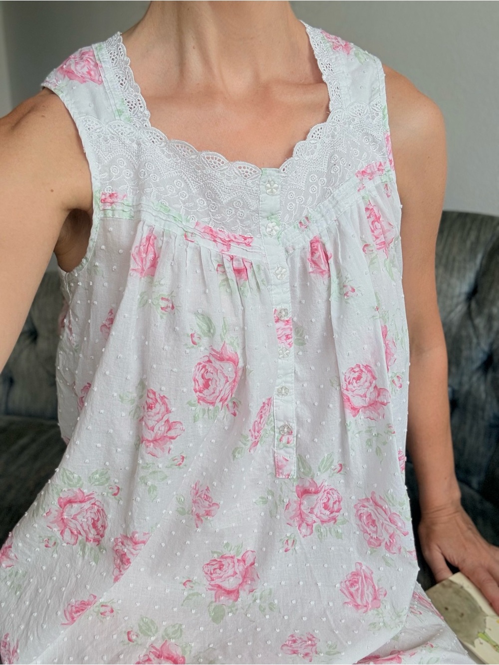 Eileen West Cotton Eyelet Lace Nightgown Small Floral Prarie Dress